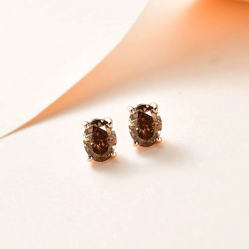 Champagne Diamond Oval 10K Rose Gold Stud Solitaire Earrings M95685