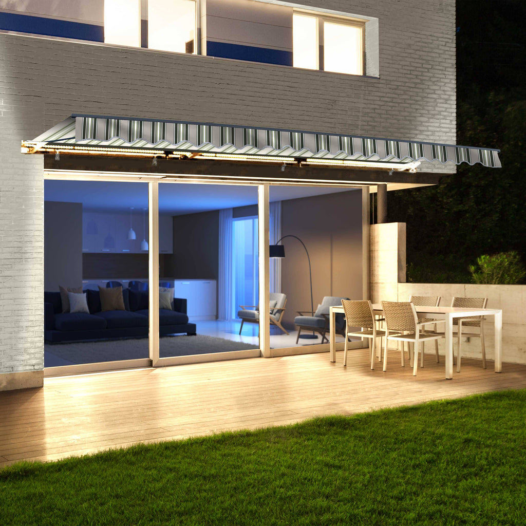 Motorized LED 12 x 10 ft. Half Cassette Retractable Awning Multi-Stripe Green V387086