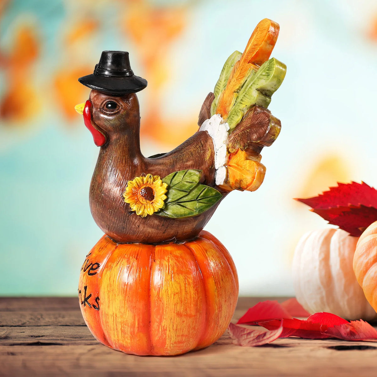 Hand-Painted Turkey Pumpkin Centerpiece Table Decoration with Artificial Maple Leaves F76885