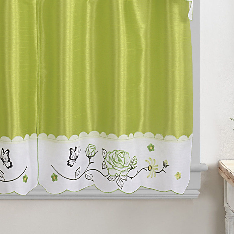 Green Embroidered 3-Piece Kitchen Curtain Tiers & Swag Set, 58x36 & 28x36 inches A4254