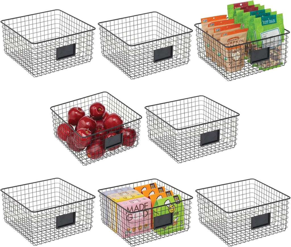 Metal Wire Food Organizer Storage Baskets with Label Slot, 8 Pack, Matte Black R192
