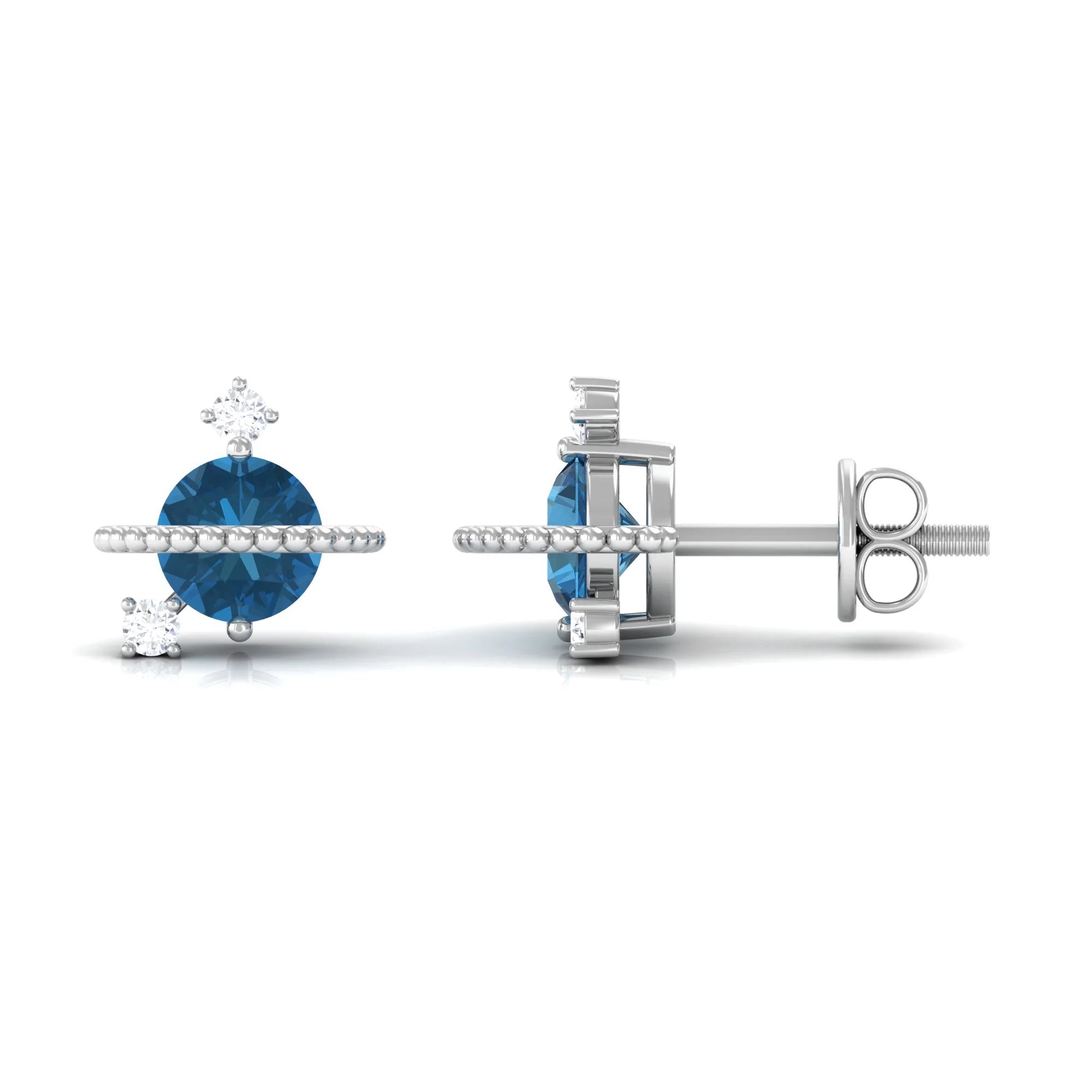 London Blue Topaz and Diamond Stud Earrings, 925 Sterling Silver P179