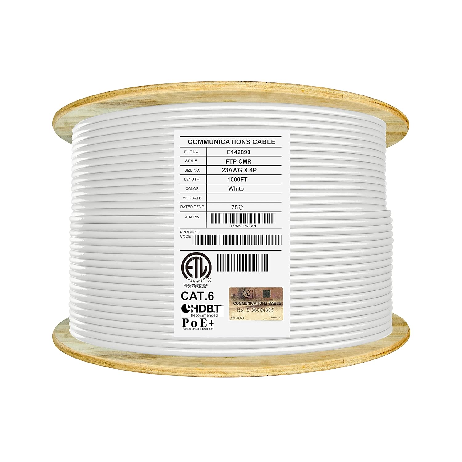 Cat6 Shielded Riser 1000ft F/UTP 23AWG Solid Bare Copper 550MHz Bulk Ethernet Cable Reel Orange N673585