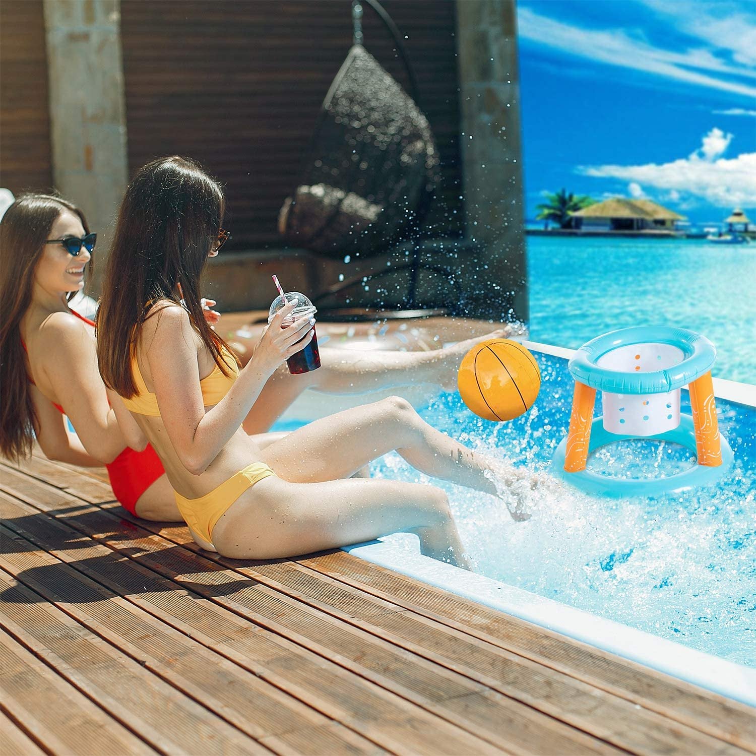 Inflatable Pool Volleyball Net and Basketball Hoops Floating Pool Game Toys Set K254645