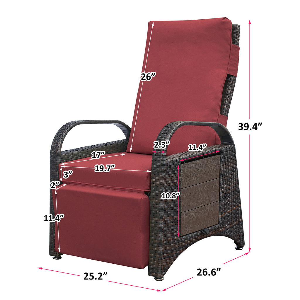 Red Rattan Reclining Armchair with Flip Table L220