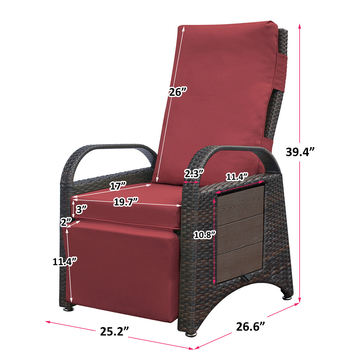 Red Rattan Reclining Armchair with Flip Table L220
