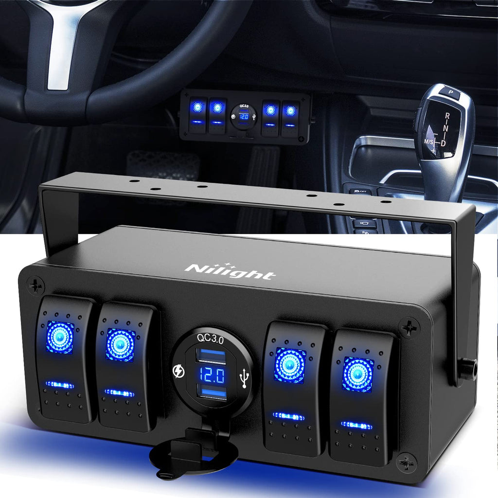 4 Gang Rocker Switch Panel 12V SPST ON Off Switch USB Charger Voltmeter Waterproof Aluminum H91770