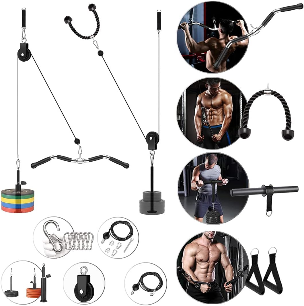 4 in 1 LAT and Lift Pulley System with Curl Pulldown Bar, Tricep Rope, Exercise Handles H39592