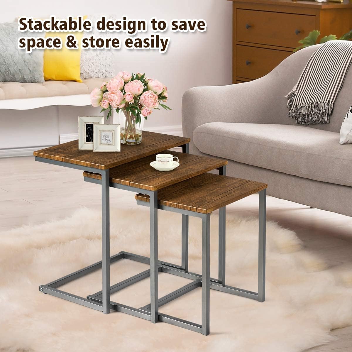 Walnut Nesting End Table, 3pcs Stacking Coffee Table with Metal Frame D453