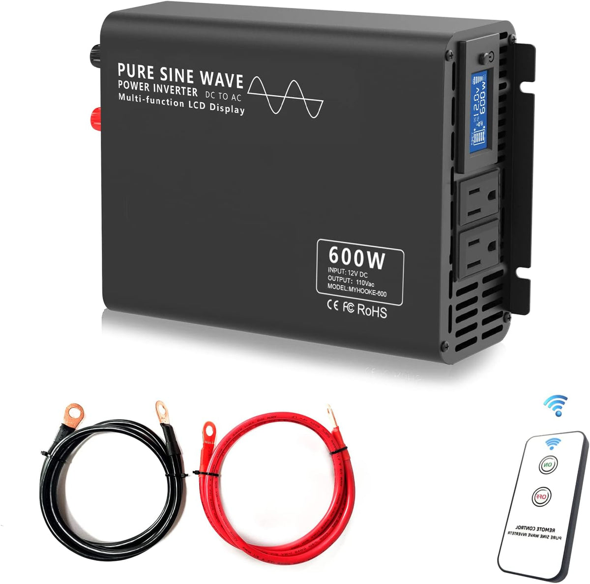 600W Pure Sine Wave Power Inverter DC 12V to AC 110V-130V with LCD Display and Wireless Remote Control G2394