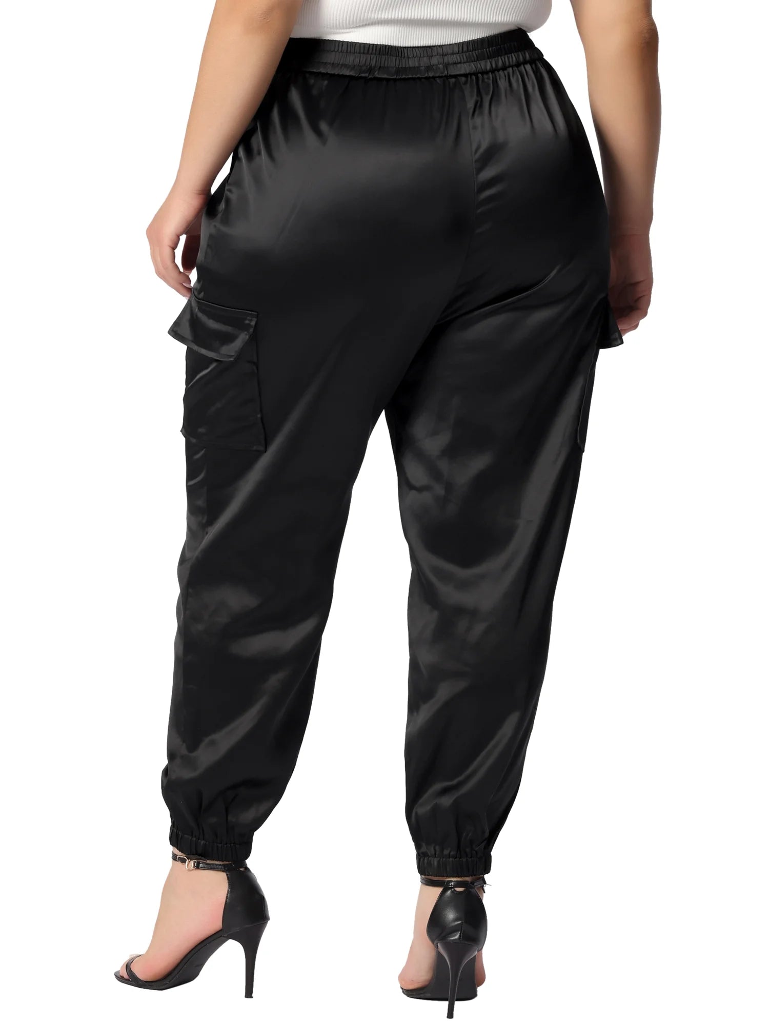 Plus Size Satin Elastic Waist Casual Joggers Cargo Pants Y75438