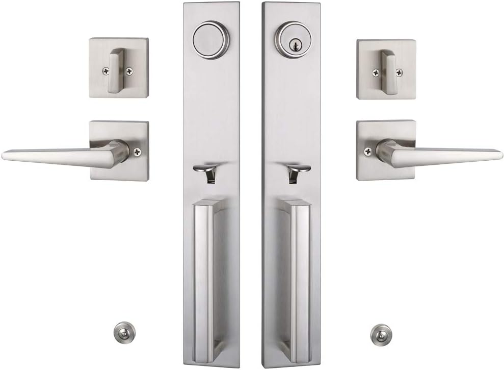 Double Door Handleset Brushed Nickel Finish Keyed Entry Handle and Dummy Handleset Set F56219