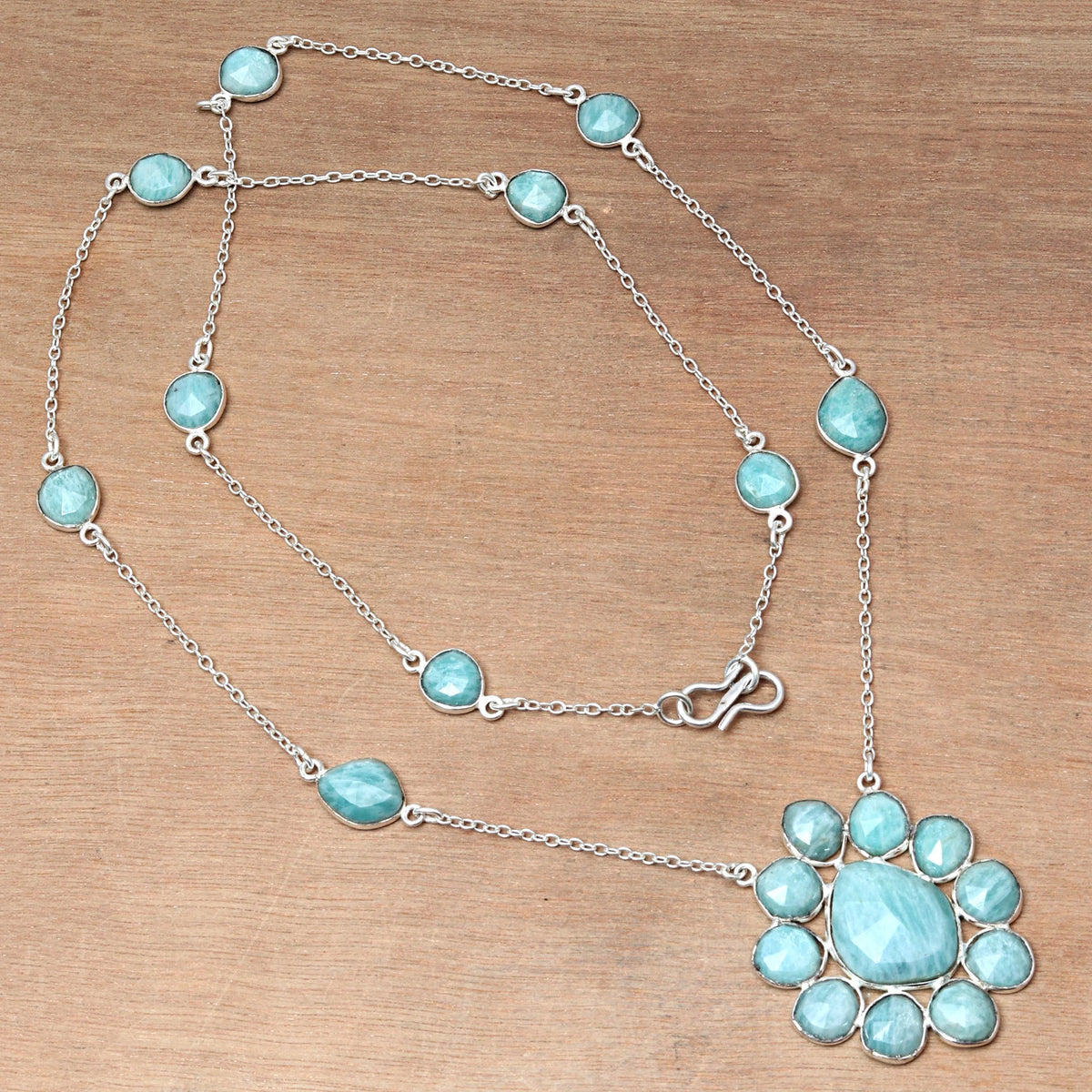 Antique 925 Silver Amazonite Gemstone Necklace 26'' E607479