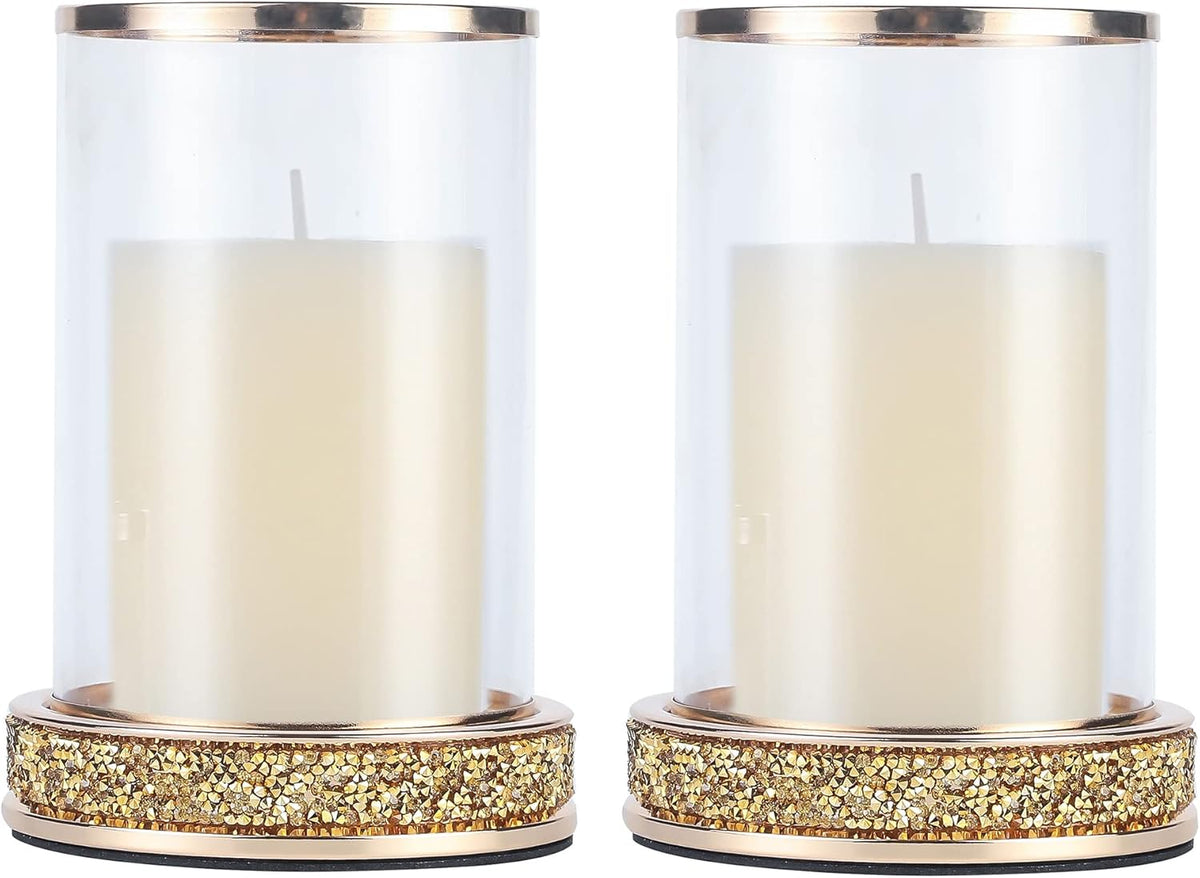 2 Pieces Silver Metal Candle Holder with Glass Hurricane Lid N3303