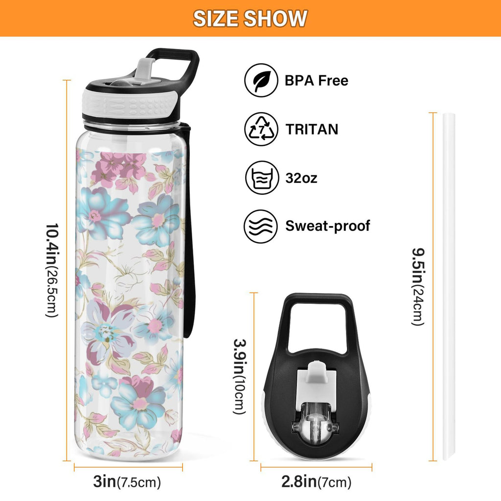 Blue Colorful Flowers 32oz Tritan Leakproof Sports Bottle U3858