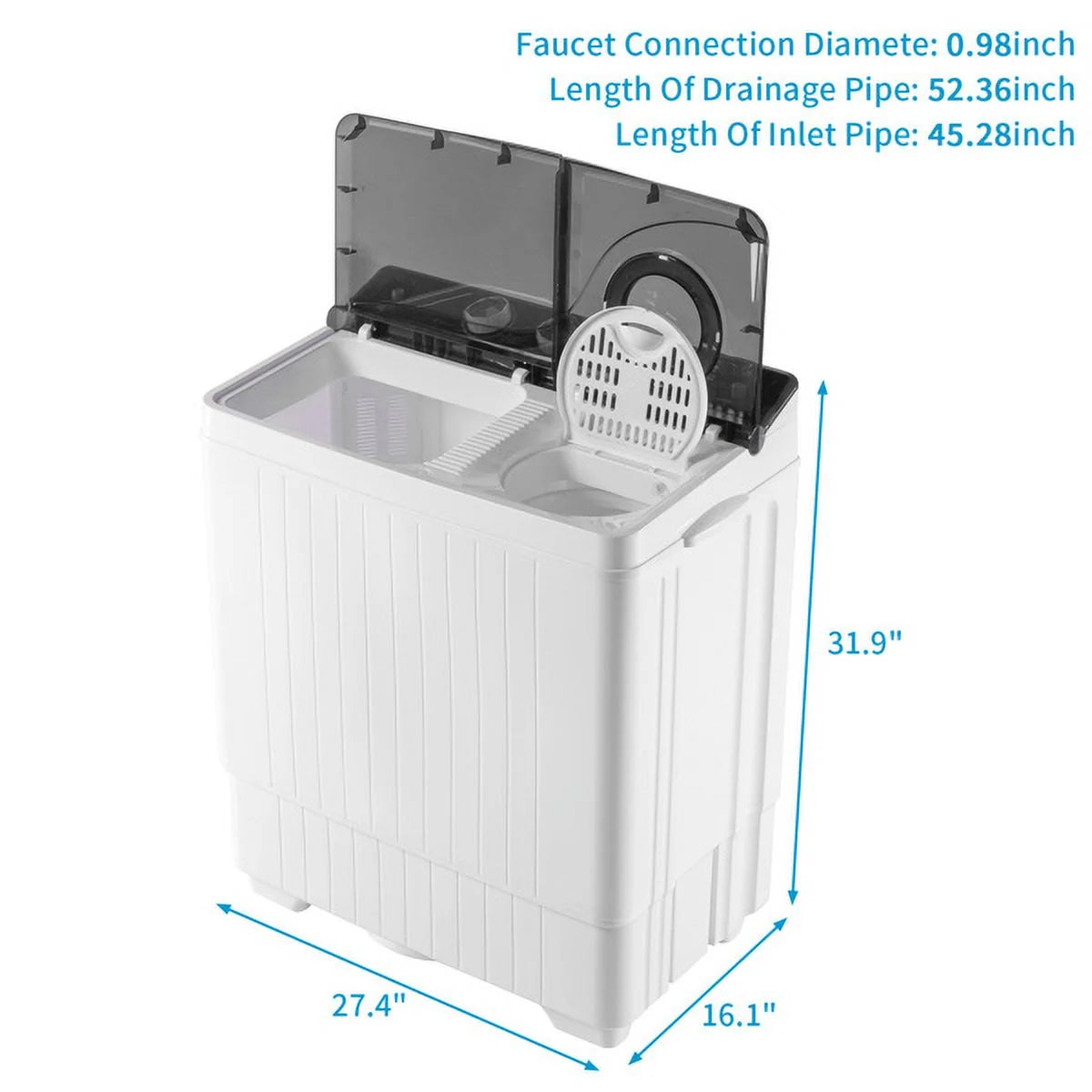 Semi-automatic Twin Tub Washing Machine with Built-in Drain Pump, 26Lbs, White&Black F944033