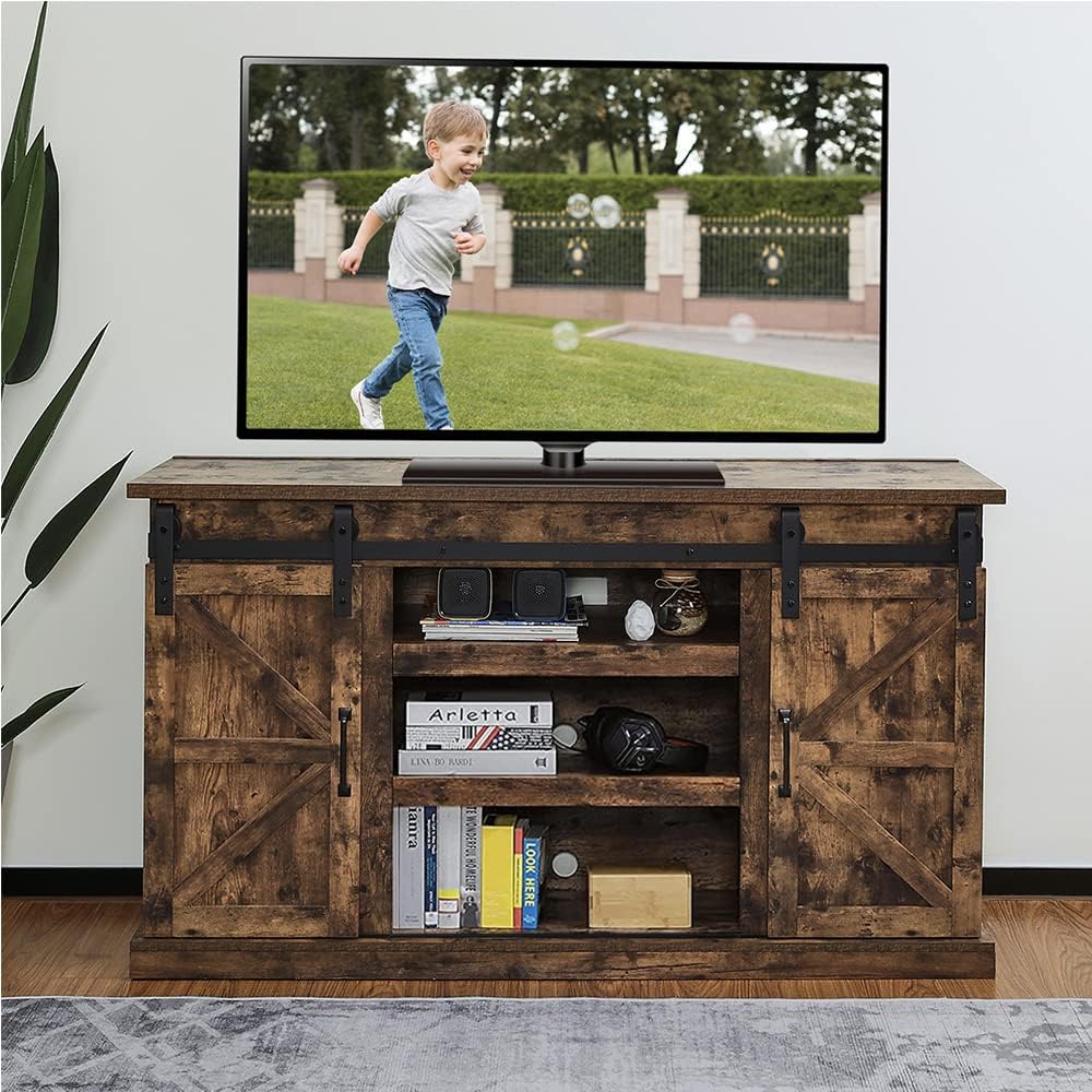 Espresso Sliding Barn Door TV Stand with Adjustable Shelves O428091