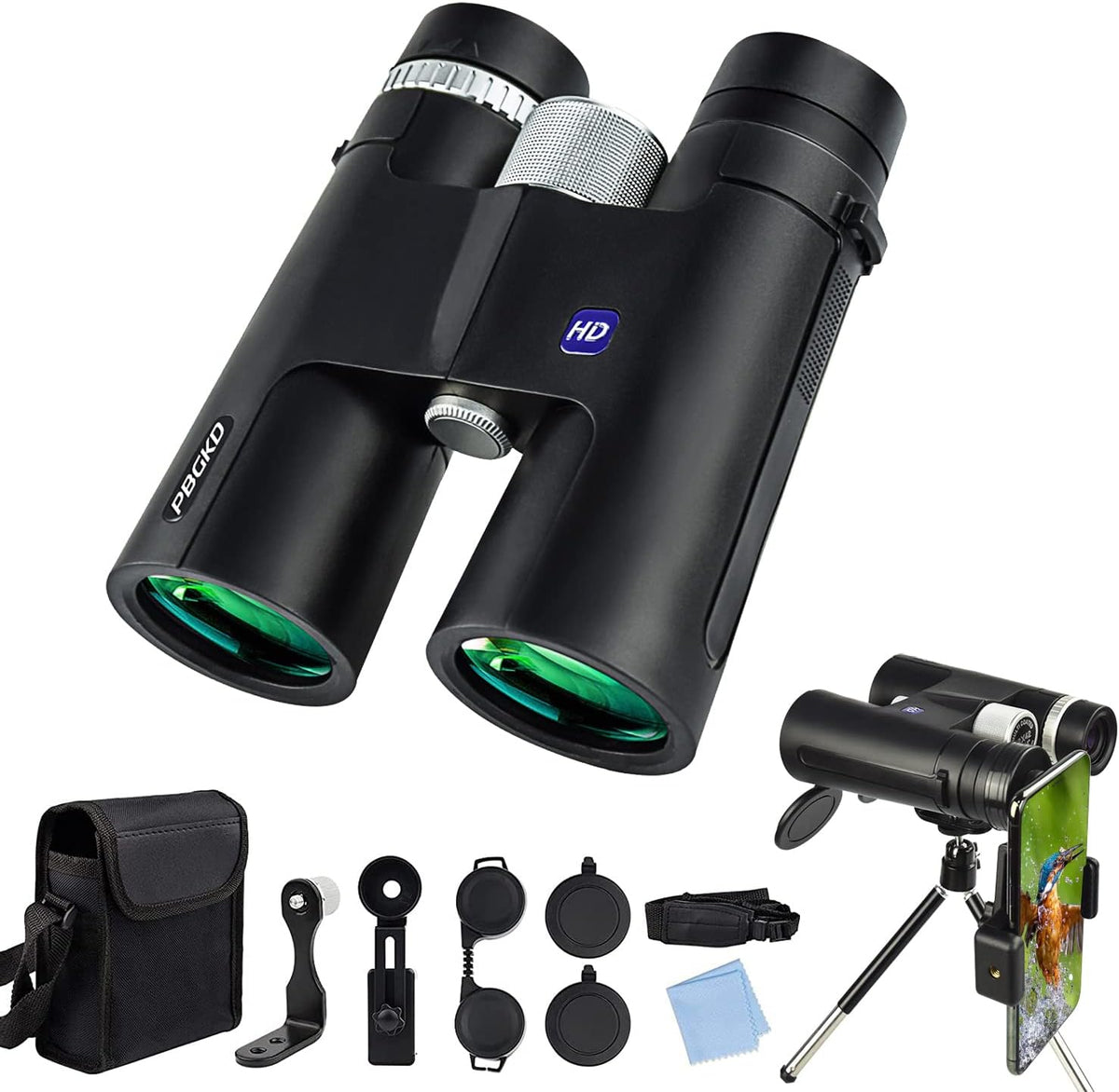 12x42 HD Roof Prism Waterproof Binoculars with Tripod Carrying Case Mobile Phone Clip Pack of 2 X25188