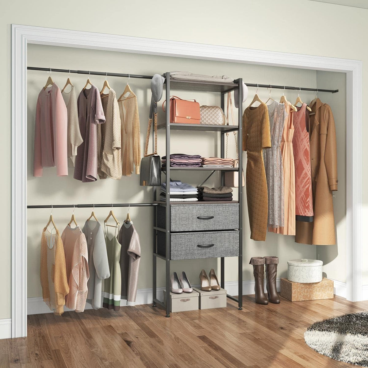 6 to 9 FT Metal Closet Organizer System Kit with 2 Gray Drawers and 4 Shelves U453976