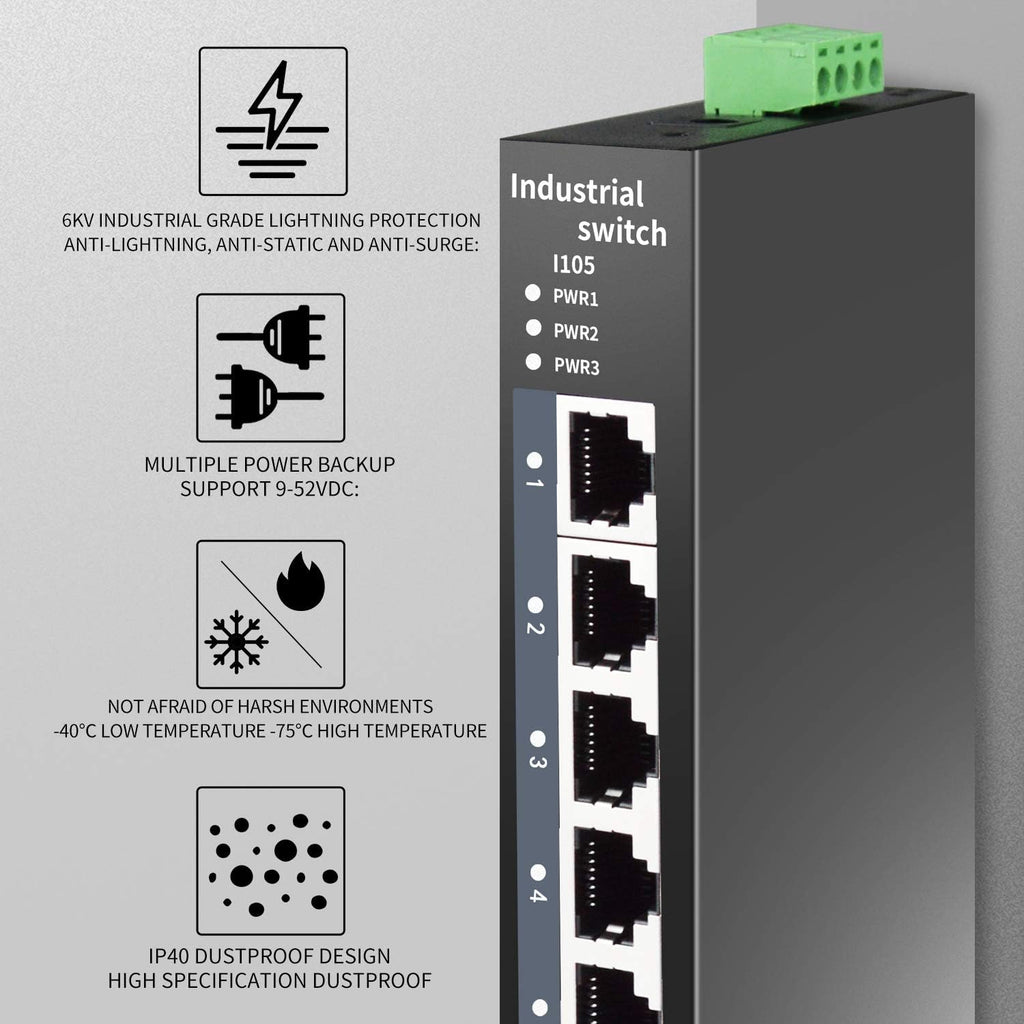 5-Port Hardened Industrial DIN-Rail Switch, 100Mbps, Pack of 2 O491