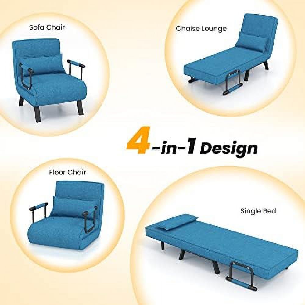 Convertible Sofa Bed 4-in-1 Sleeper Chair with Pillow, 6 Positions Adjustable Backrest, Metal Legs, Linen Fabric Z829