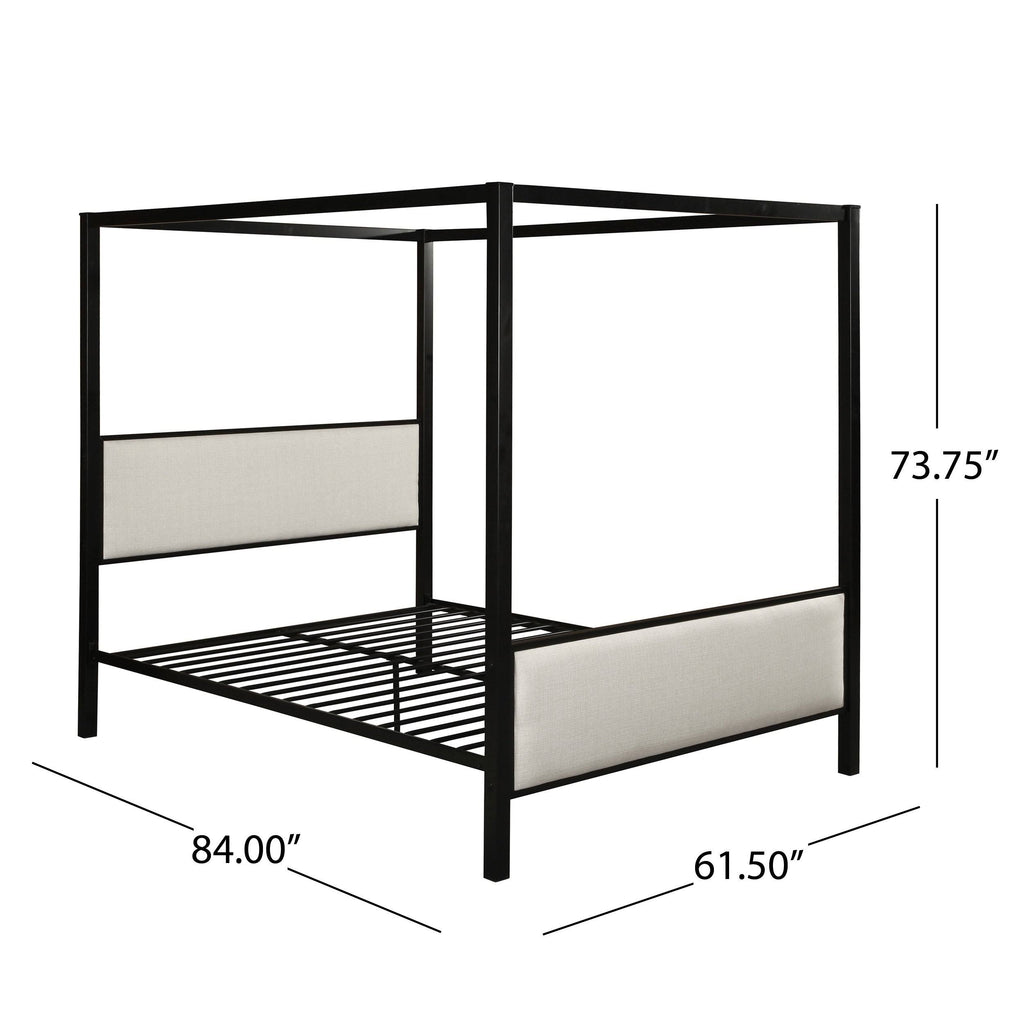 Traditional Fabric Canopy Queen Bed with Iron Frame Gray Flat Black P154