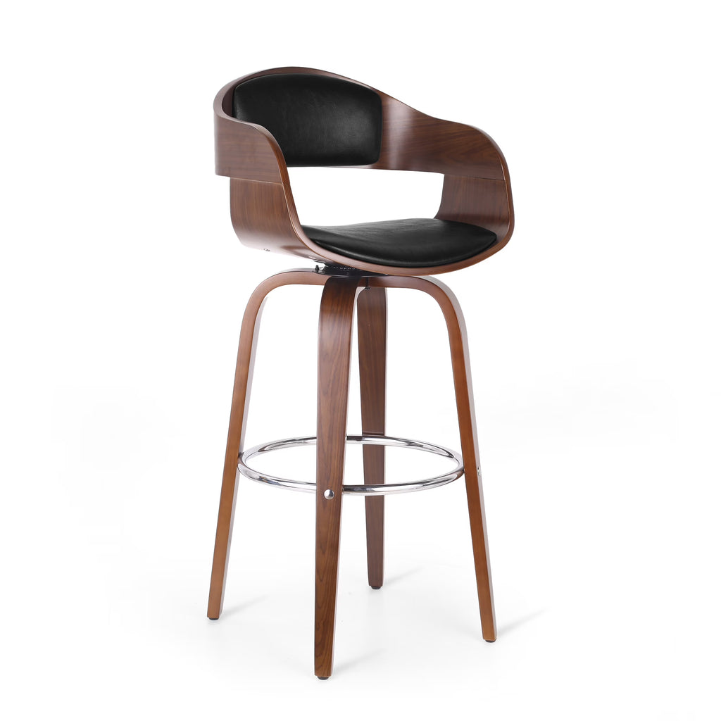 Midnight Black and Walnut Upholstered Swivel Barstool V30016