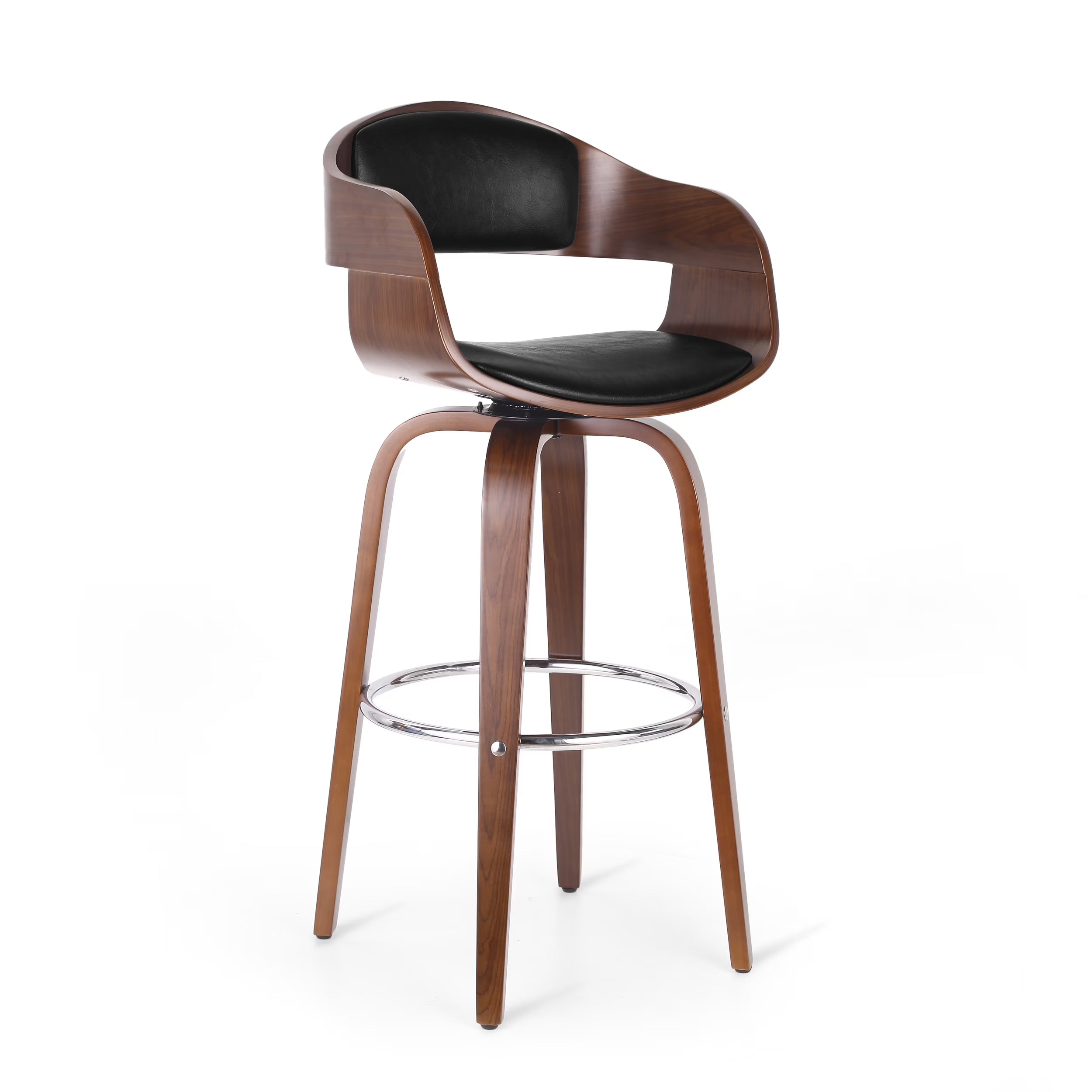 Midnight Black and Walnut Upholstered Swivel Barstool V30016