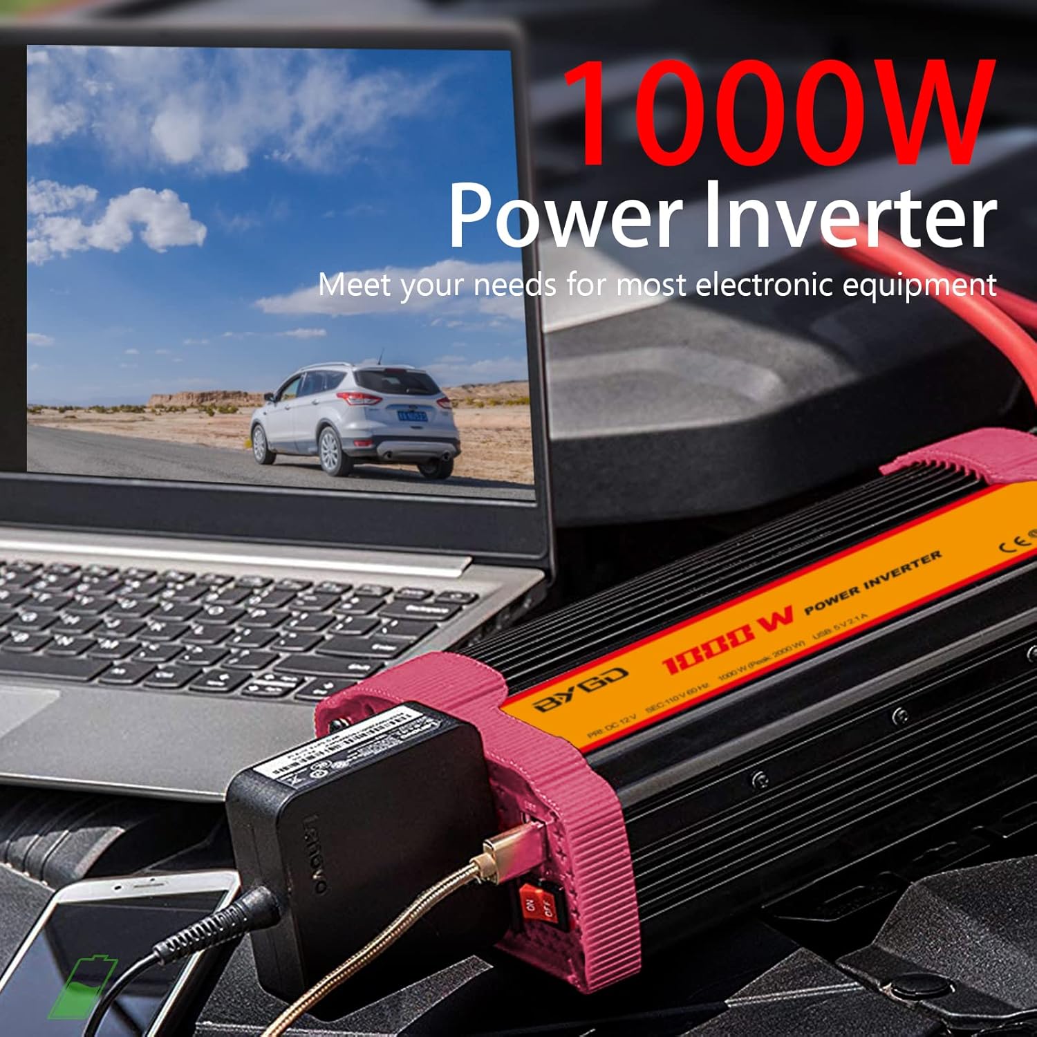 1000W Car Power Inverter DC 12V to 110V AC with 2 USB Ports C867