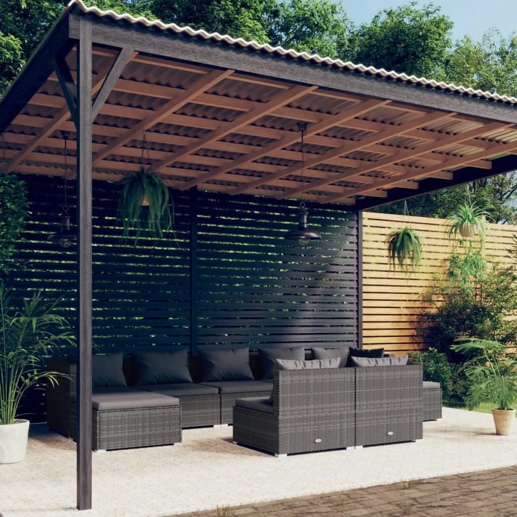 9 Piece Patio Set with Cushions Gray Poly Rattan M144