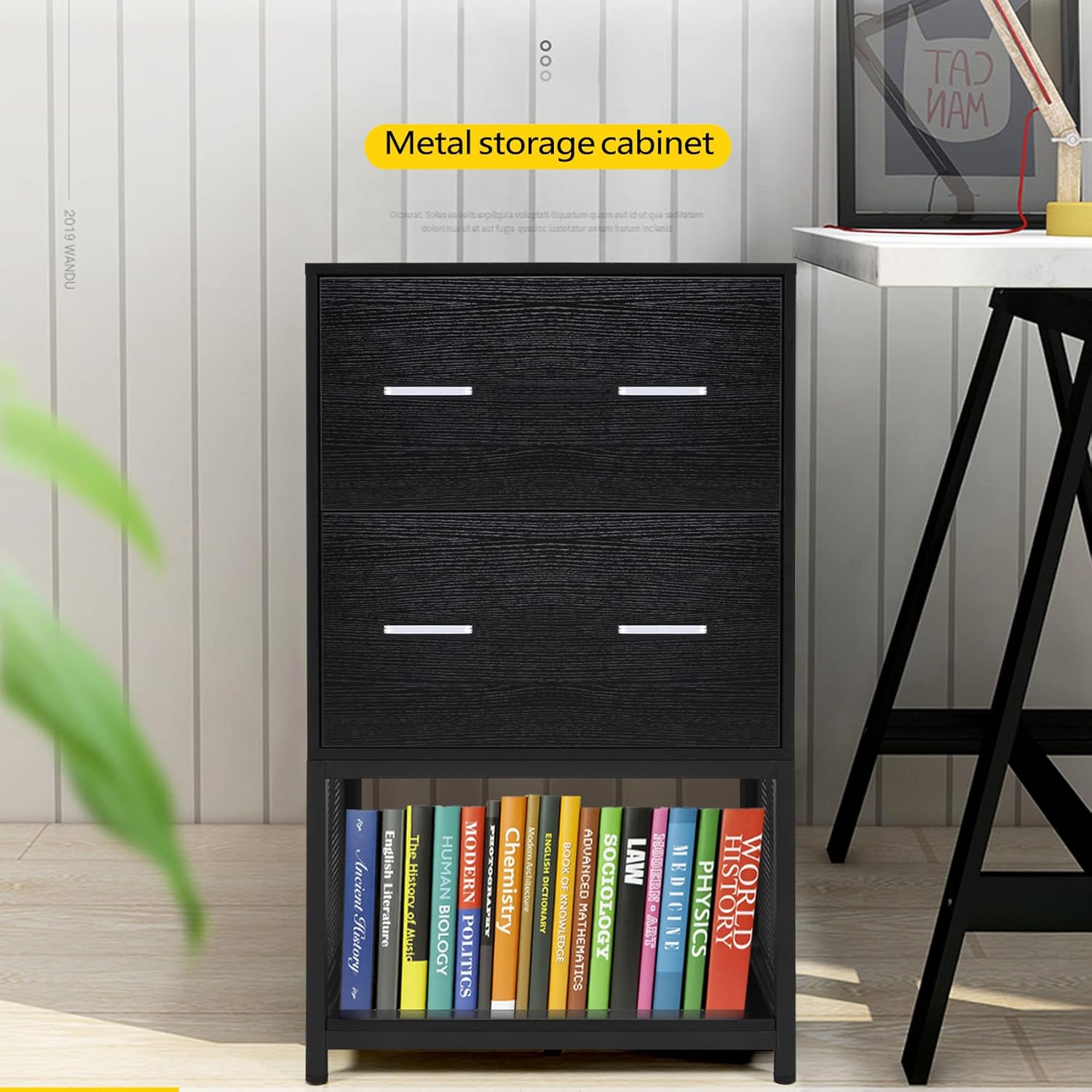 2 Drawer File Cabinet with Metal Wire Storage Shelves S473