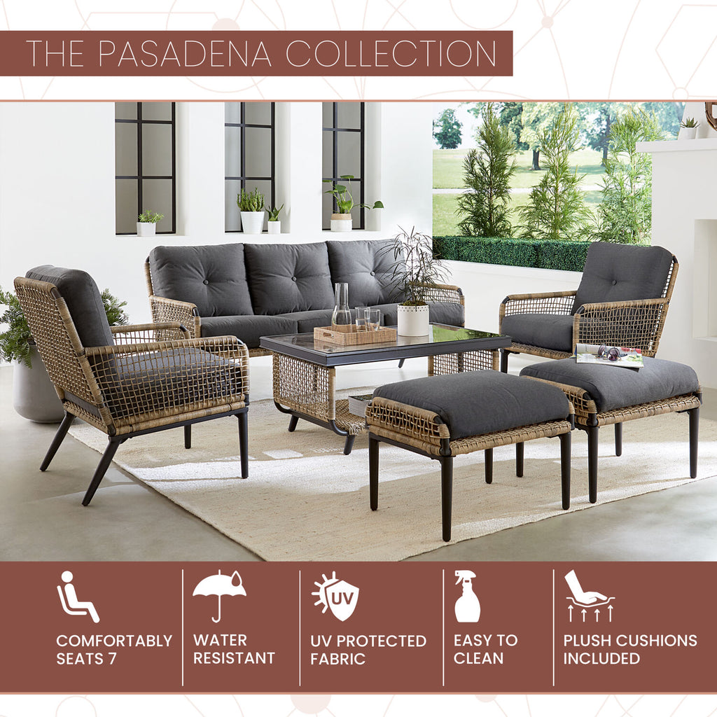 6-Piece Modern Outdoor Chat Set with Open Weave Wicker Sofa, 2 Side Chairs, 2 Ottomans, and Glass Top Coffee Table with Charcoal Plush Cushions R7865