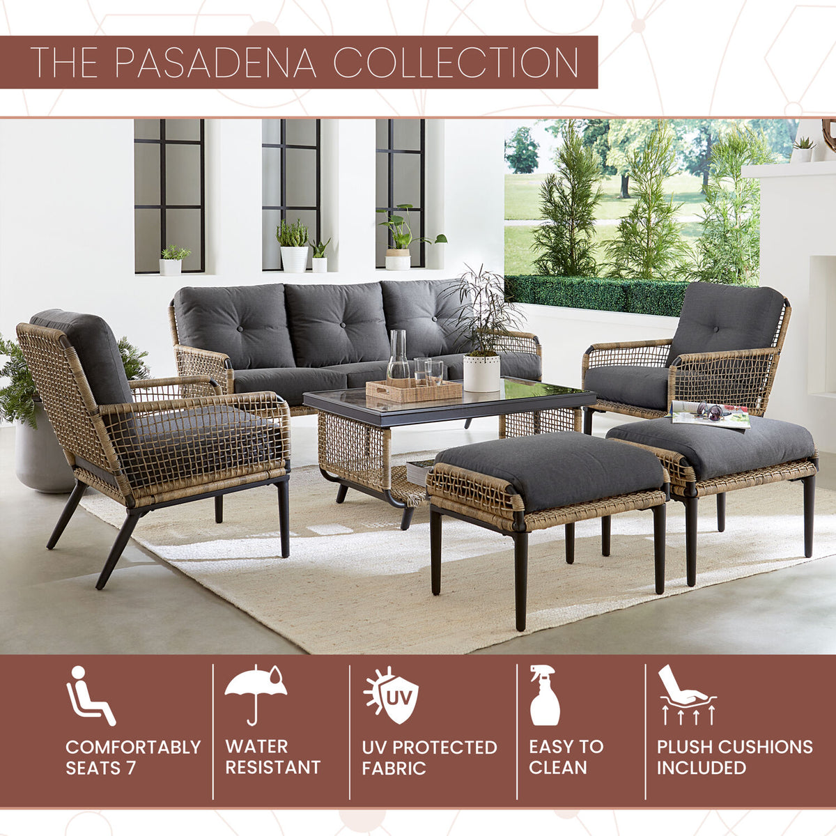 6-Piece Modern Outdoor Chat Set with Open Weave Wicker Sofa, 2 Side Chairs, 2 Ottomans, and Glass Top Coffee Table with Charcoal Plush Cushions R7865