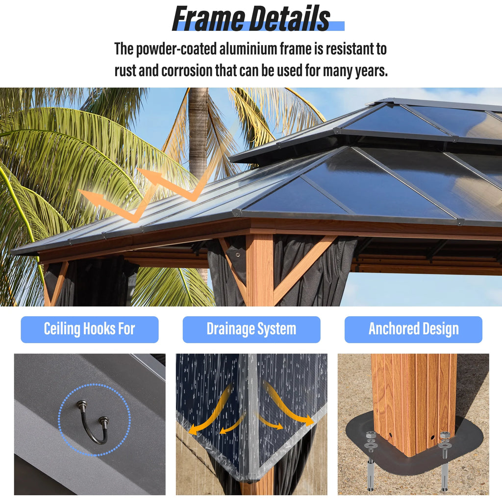 12'x 16' Hardtop Aluminum Gazebo with Double Polycarbonate Roof I146928