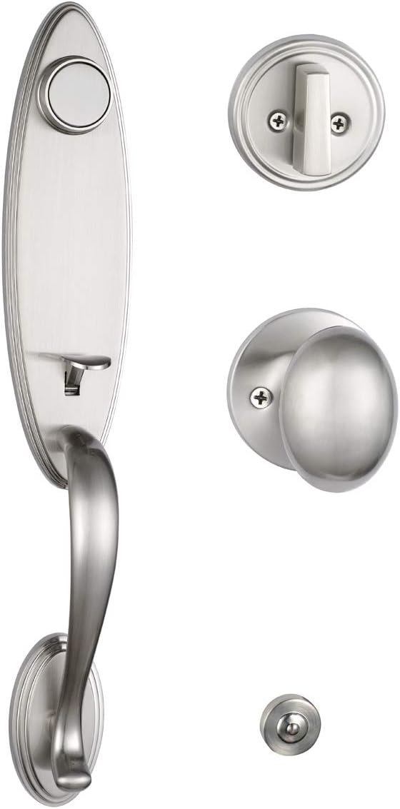 Double Door Handleset Brushed Nickel Finish Keyed Entry Handle and Dummy Handleset Set F56219