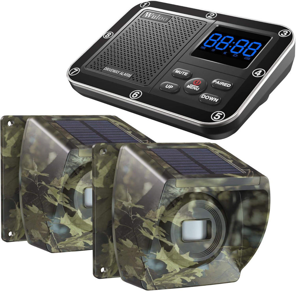 Solar Driveway Alarm Wireless Outdoor Motion Sensor Detector System with Rechargeable Battery Weatherproof Mute Mode 1&4-Camouflage U36827