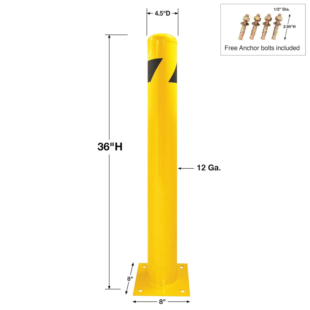 Steel Yellow Safety Barrier Bollard 24''Hx4.5''D, 12Ga, Base-8x8'', Pack of 2 G807