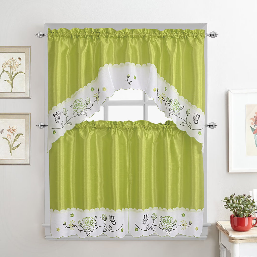 Green Embroidered 3-Piece Kitchen Curtain Tiers & Swag Set, 58x36 & 28x36 inches A4254