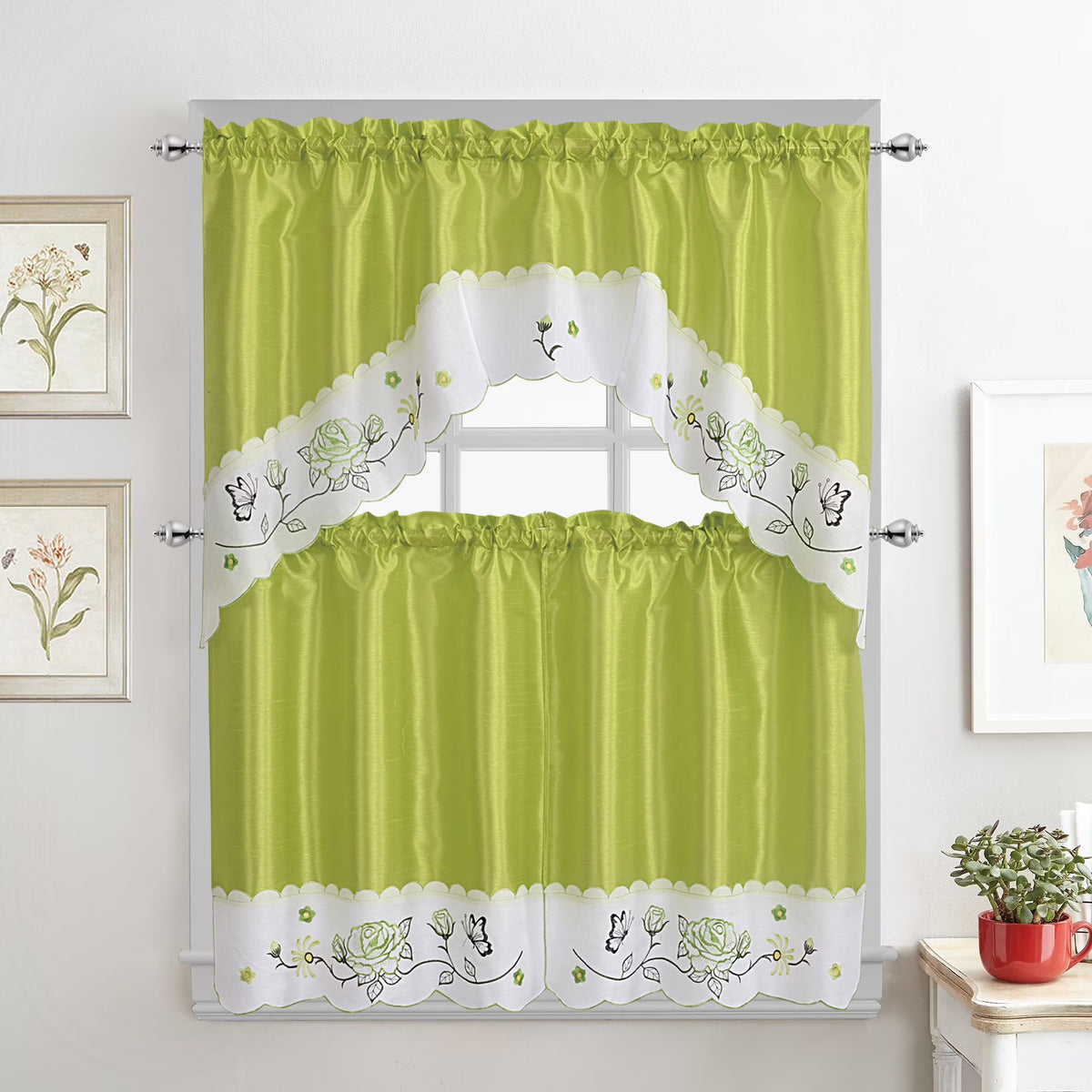 Green Embroidered 3-Piece Kitchen Curtain Tiers & Swag Set, 58x36 & 28x36 inches A4254