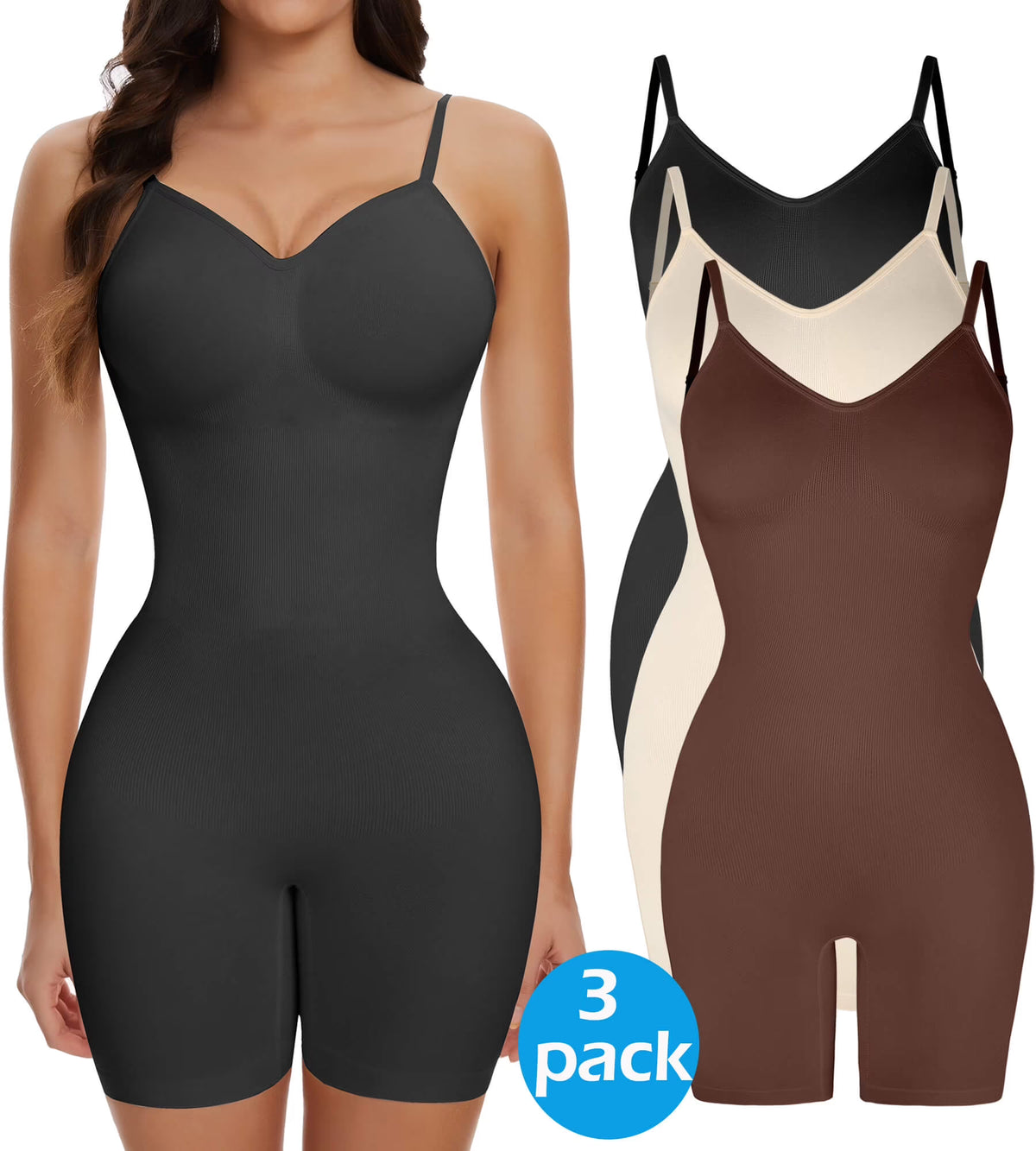 3 Packs Low Back Mid Thigh Bodysuit Shapewear A39503