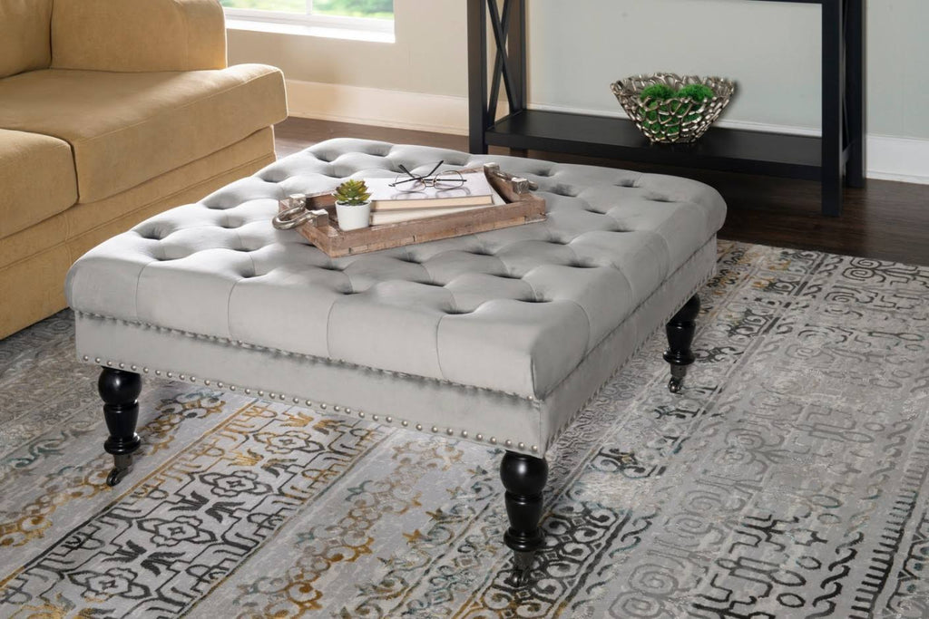 Gray Velvet Square Tufted Ottoman V5446