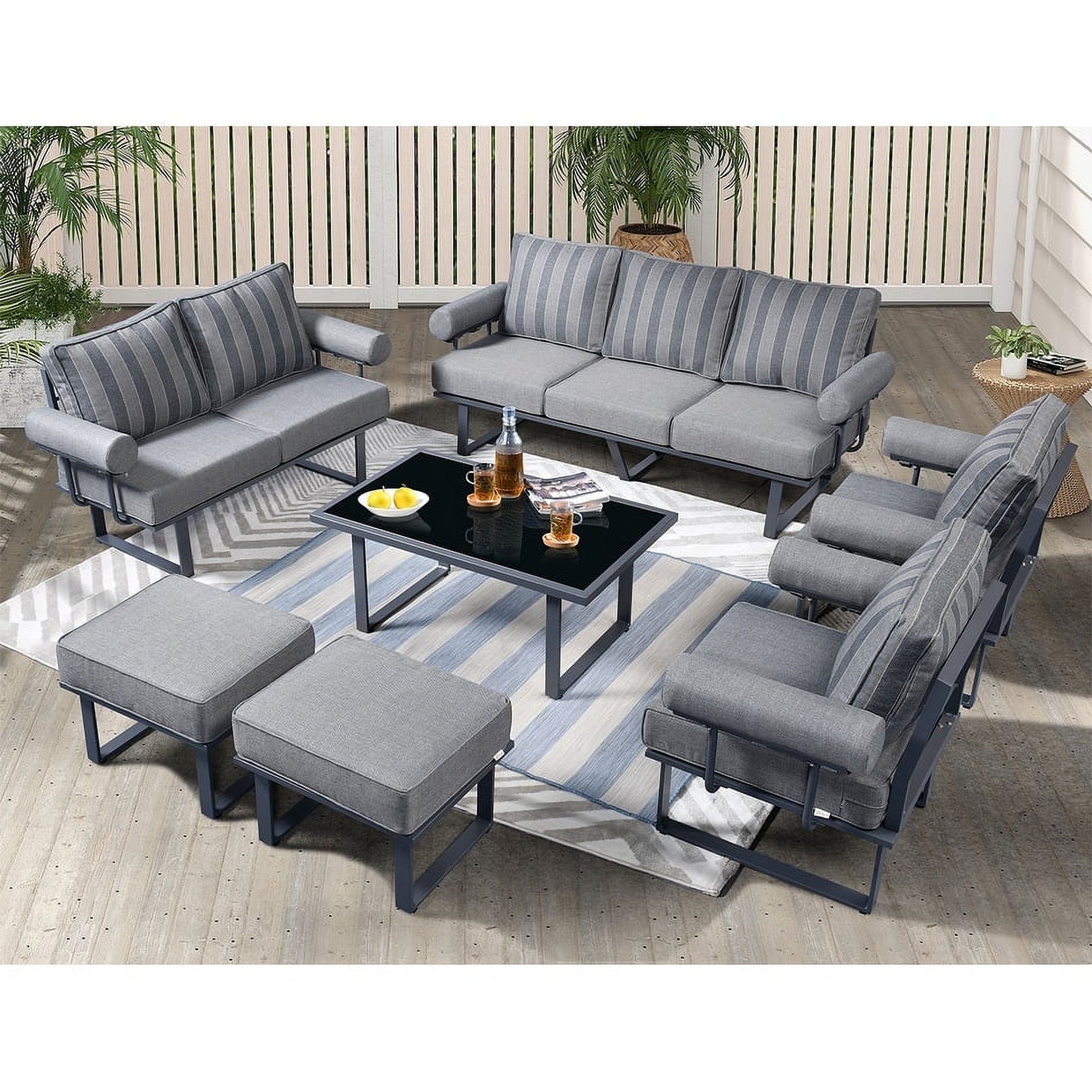 7-piece Outdoor Aluminum Frame Ottoman Sectional Set Striped Grey E33630