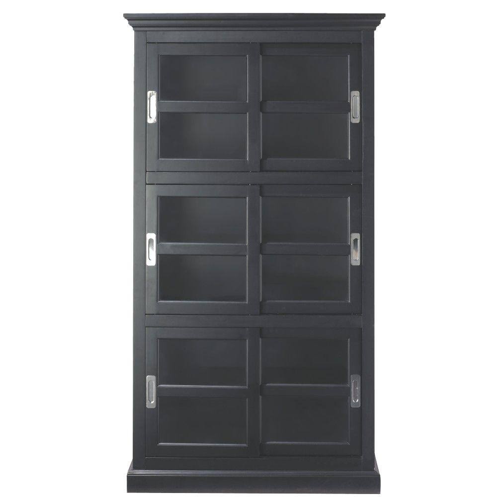 Black Wood 6-Shelf Standard Bookcase with Sliding Doors R58425