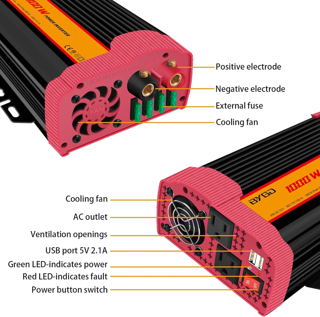 1000W Car Power Inverter DC 12V to 110V AC with 2 USB Ports C867