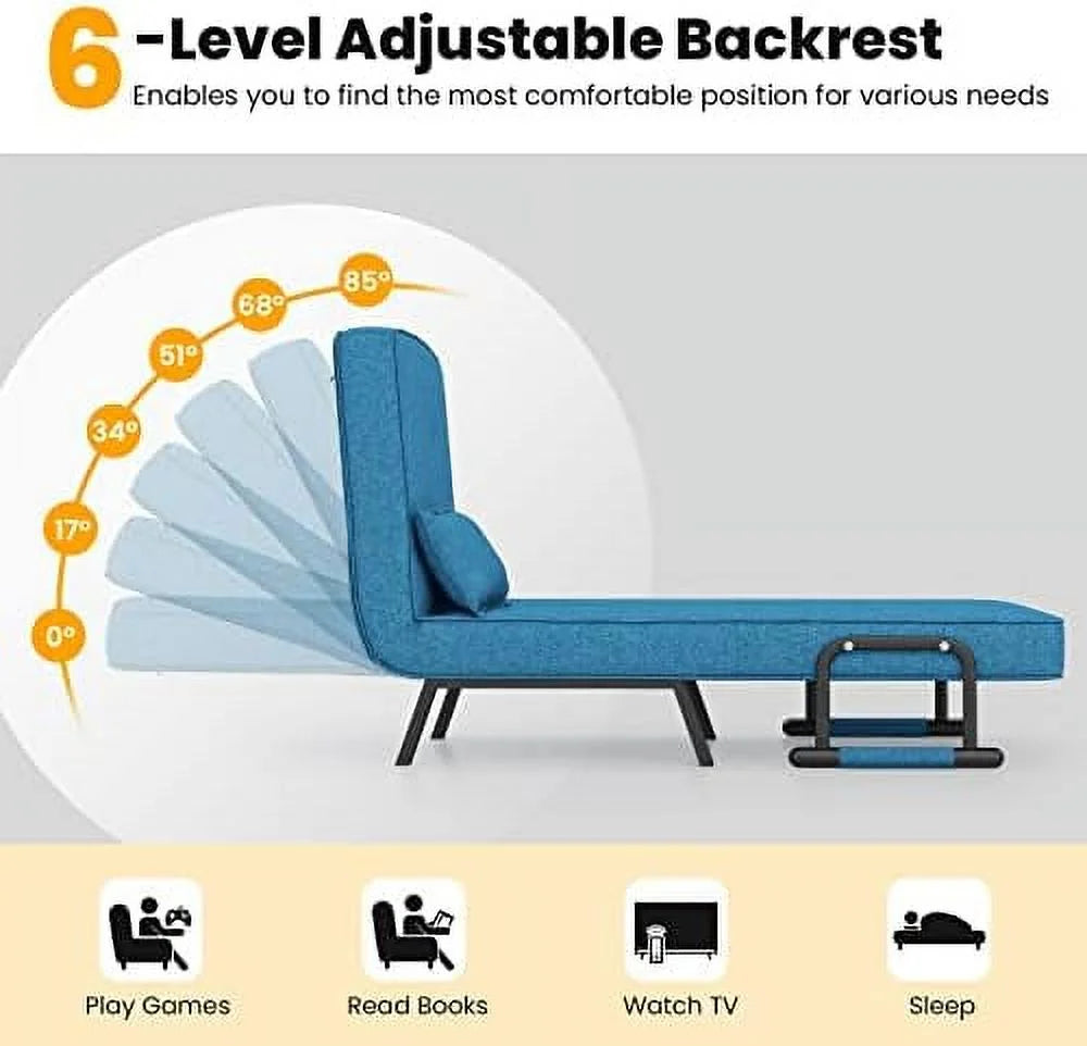Convertible Sofa Bed 4-in-1 Sleeper Chair with Pillow, 6 Positions Adjustable Backrest, Metal Legs, Linen Fabric Z829
