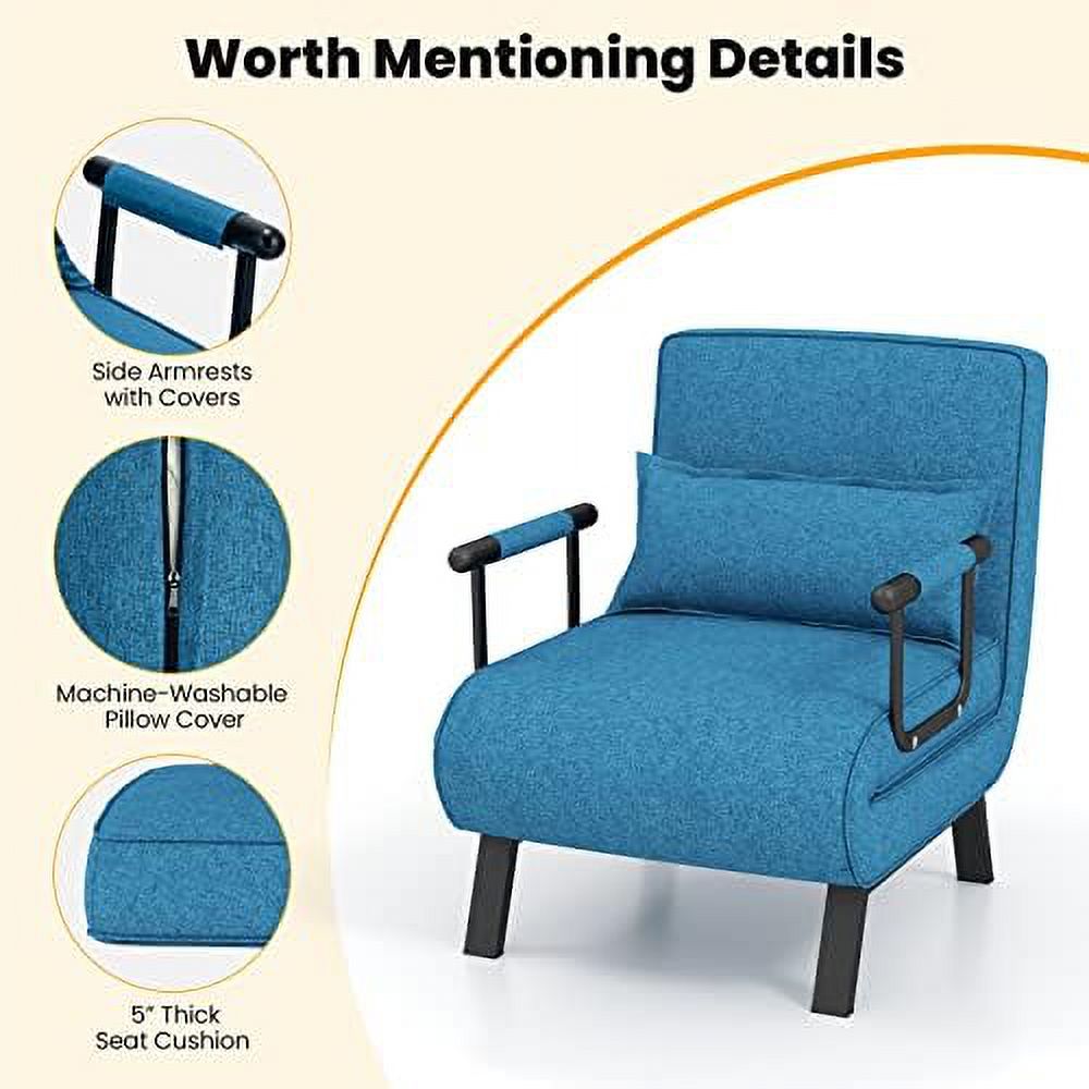 Convertible Sofa Bed 4-in-1 Sleeper Chair with Pillow, 6 Positions Adjustable Backrest, Metal Legs, Linen Fabric Z829