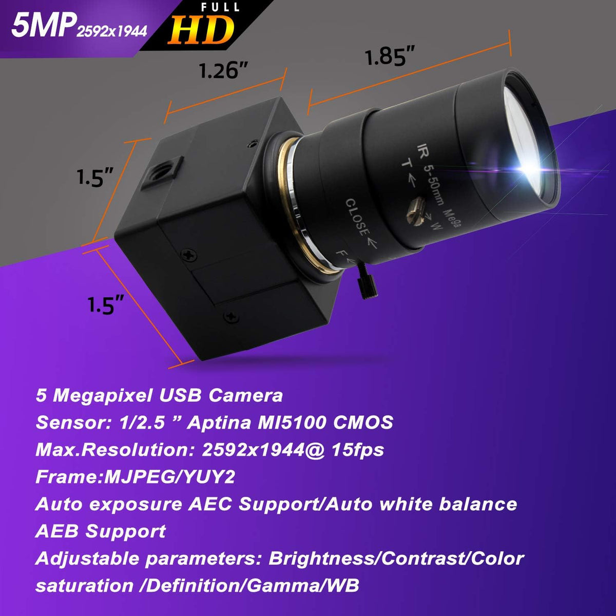 5-50mm Varifocal Lens USB Webcam 5 Megapixel with Aluminum Mini Case C380
