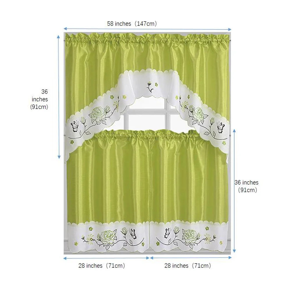 Green Embroidered 3-Piece Kitchen Curtain Tiers & Swag Set, 58x36 & 28x36 inches A4254
