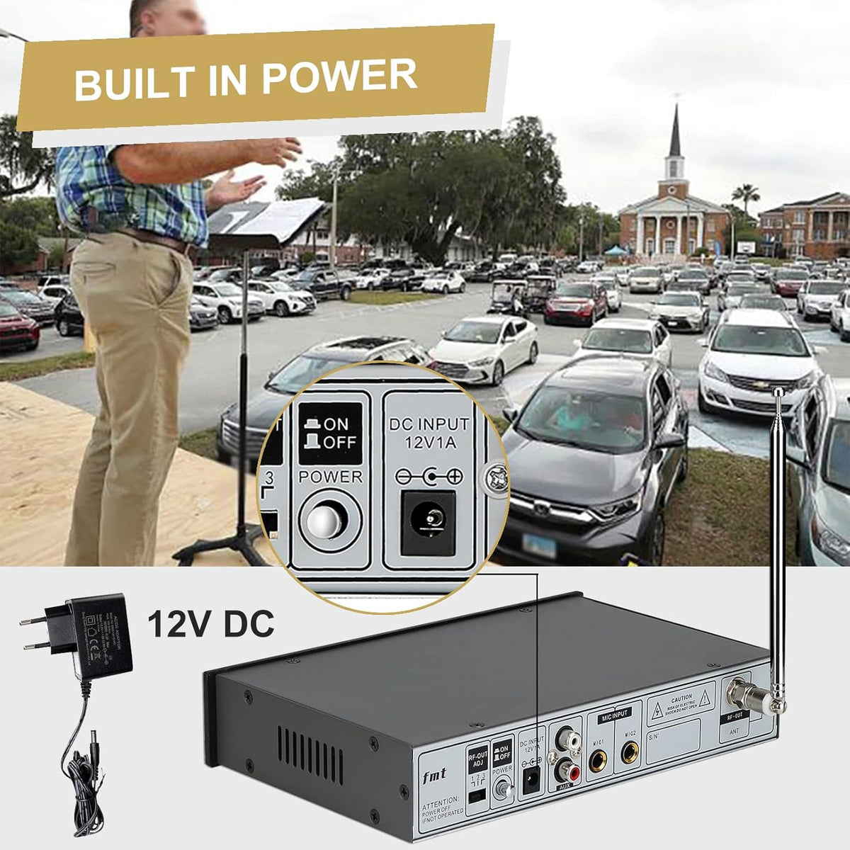 FM Transmitter with Dual Mic, 3 Preset Stations, USB Drive and RCA Inputs H373557