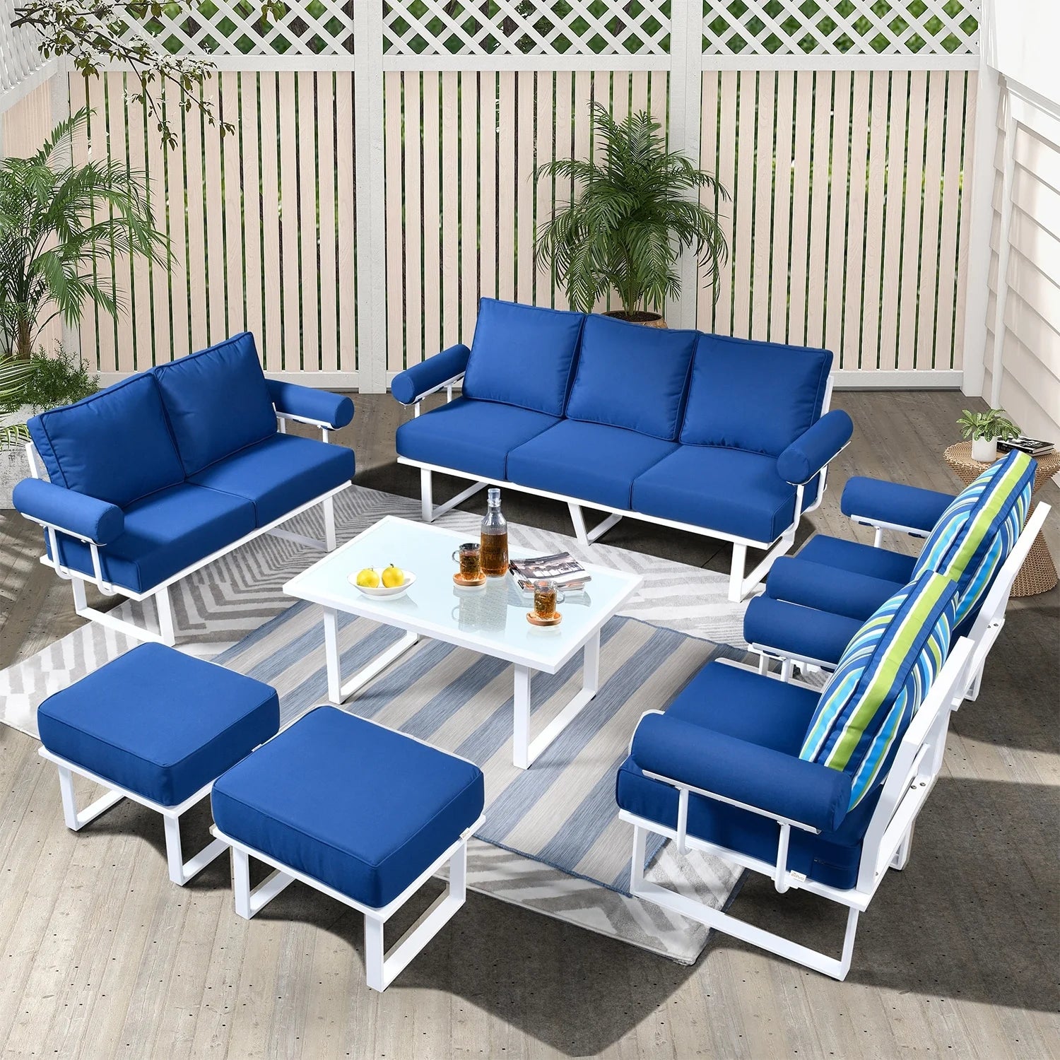 7-piece Outdoor Aluminum Frame Ottoman Sectional Set Striped Grey E33630